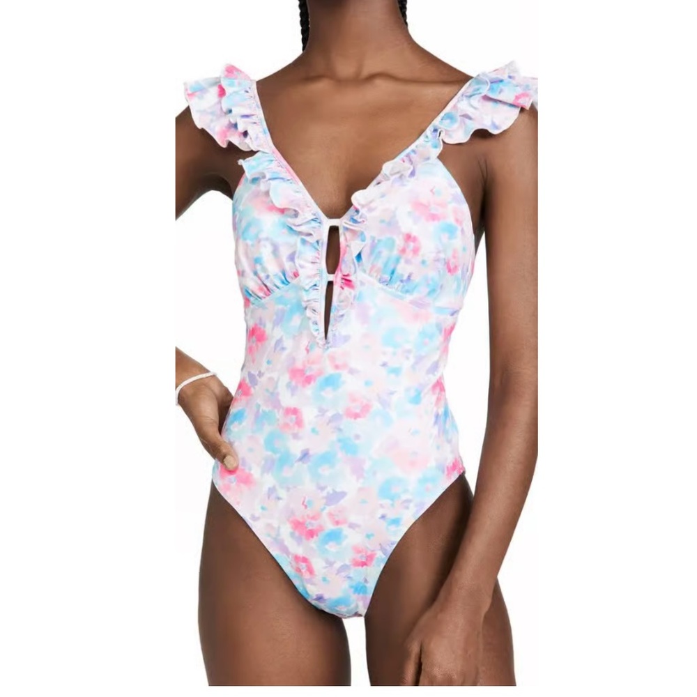 LoveShackFancy Tibbie Floral One Piece Swimsuit XS Cayman Blue Sunrise
